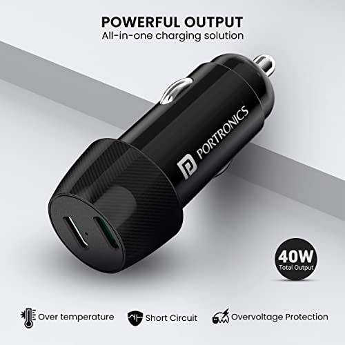 Image of Portronics 40W Car Power 14 Fast Car Charger with Dual Type-C Output, PD Power Delivery, 40 Watts Total, Adapter Compatible with Most Cars & Cellular Phones (Black)