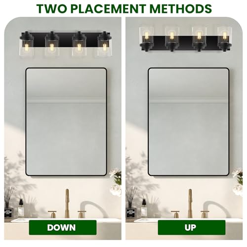 Image of Bathroom Vanity Light Fixture, 4-Light Modern Black Vanity Light Fixtures with Clear Glass Shade, Matte Black Bathroom Light Fixtures Over Mirror, Rustic Restroom Lighting Fixtures