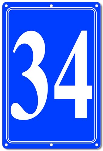 Image of Premium Aluminum Number Signs 34, Metal 12 inch X 8 inch Blue Numbered Signs Outdoor for Parking Lots, Floor, Dock, Court, Aisle, Field, High Visibility, No Fade, Weather-resistant