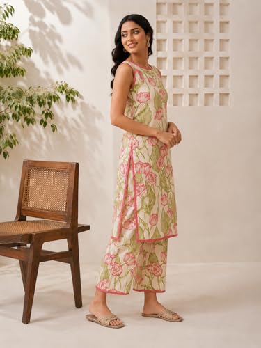 Image of Leriya Fashion Women's Summer Printed Kurta Pant Set | Sleeveless Lightweight Kurti with Palazzo Pants | Kurti Set for Woman | Casual, Office, Vacation & Everyday Outfit | Ethnic Kurta Sets for Woman