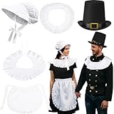 Breathffy 5 Pcs Thanksgiving Couple Costume Pilgrim Costume Women Colonial Set White Bonnet Shawl Apron and Men Pilgrim Set Hat in Black Color Shawl for Halloween Cosplay Adults Dress up Accessories