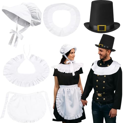 Breathffy 5 Pcs Thanksgiving Couple Costume Pilgrim Costume Women Colonial Set White Bonnet Shawl Apron and Men Pilgrim Set Hat in Black Color Shawl for Halloween Cosplay Adults Dress up Accessories