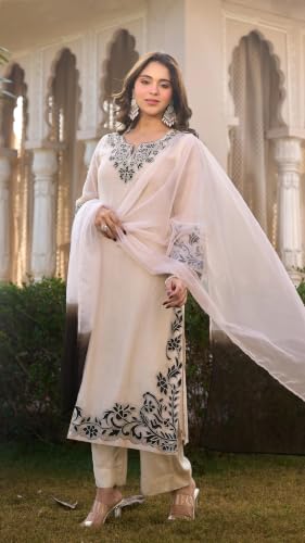 Image of GoSriKi Kurta Sets for Women Viscose Embroidered | Kurti Set for Woman | Straight Kurta Palazzo Dupatta Set | 3 Piece Set Women | Round Neck V-Slit Full Sleeve Stylish Ethnic Outfit Clothing
