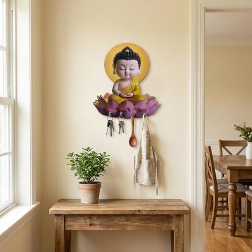 Image of Buddha Key Holder for Wall - Cute Meditating Buddha on Lotus Wooden Key Hanger with Multiple Hooks - Wall Mounted Key Stand & Entryway Organizer for Home Decor, Gift
