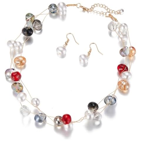 Pearl Gold Necklace Beaded Pearl Necklace Multi-Strand Bead Necklace Costume Jewelry Birthday Gifts for Women(61-Black red) Cover