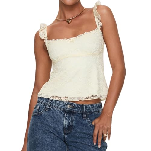 Women Y2k Lace Trim Tank Tops Teen Girl Fairycore Sleeveless Solid Going Out Streetwear Summer Crop Camisole