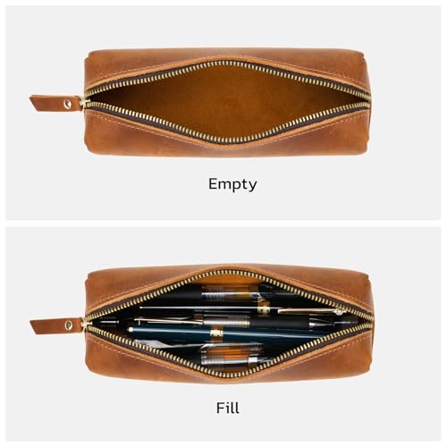 Image of ECHSRT Small Genuine Leather Pencil Pouch for Adults, Brown | Crazy Horse Leather Finish, Compact Writing Instrument Storage