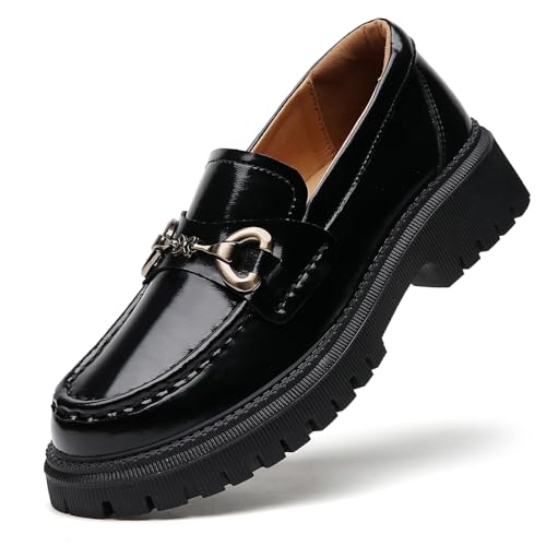 Image of Loafers for Women Chunky Loafers Women Womens Loafer Shoes Platform Heel | Comfortable Leather Penny Buckle Chain Non-Slip Work Dress Business Casual Office Formal School Ladies Women's Slip-On