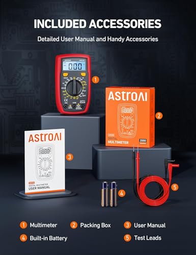 Image of AstroAI Digital Multimeter Tester 2000 Counts with DC AC Voltmeter and Ohm Volt Amp Meter; Measures Voltage, Current, Resistance, Continuity and Diode, Black
