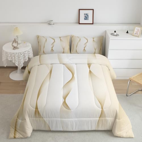 Erosebridal Gradient Beige and Greyish White Bedding Set Ombre Twin Comforter Set for Boys,Trippy Spiral Silver Wave Line Quilt,Abstract Art Room Decor Aesthetic