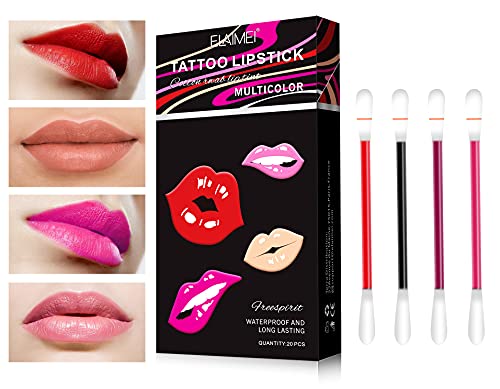 KELESTA 20 PCS Tattoo Lipstick Cotton Swabs, Durable Waterproof Liquid Non-Stick Lipstick Kiss-proof Cotton Swab Lip Stain for Easily Carrying, 4 Mixed Colors ( Red/ Nude/ Rose Red/ Pink)