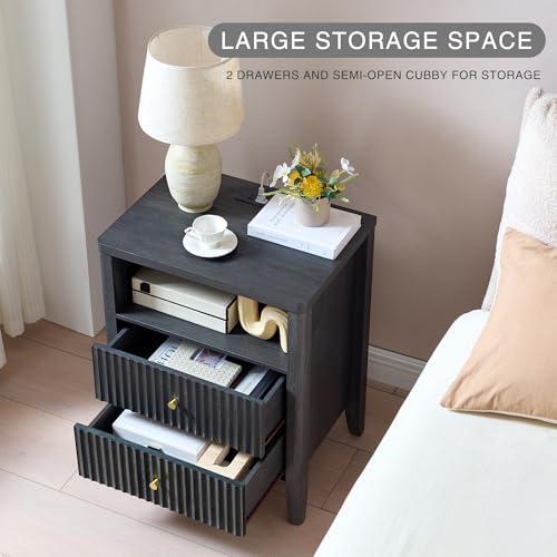 Image of Fluted Nightstand with Charging Station Set of 2, 21 inch Wide Modern Bedside Table with 2 Drawers & Open Shelf, Wood End Table with Storage & Metal Handle for Bedroom, Small Spaces, Black Grey
