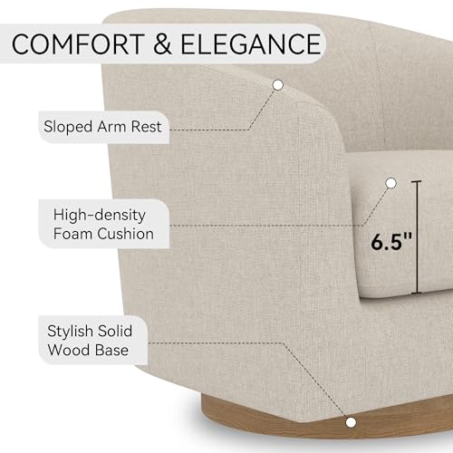 Image of Swivel Accent, Upholstered Modern Barrel-Curved Arm, Linen Fabric Comfty Sofa Solid Wood Base Reading Bedroom, Club Living Room Chair, 31.1 inchW x 31.5 inch D x 28.9 inch H, Flax Beige