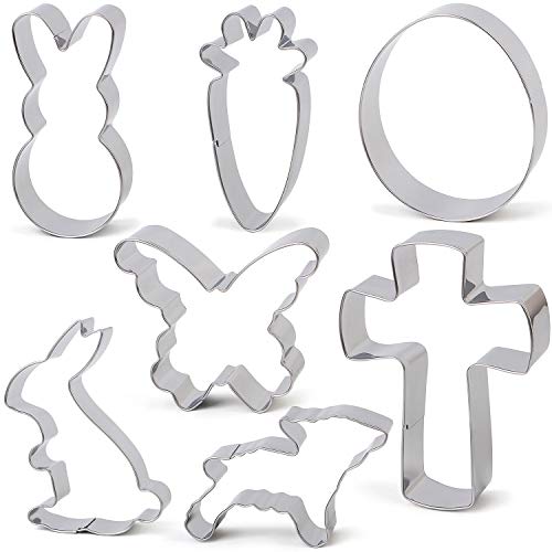 BakingWorld Large Easter Cookie Cutter Set - 7 Pcs - Egg Rabbite Carrot Bunny Butterfly Sheep and Cross Shapes Fondant Biscuit Cutters Mold - Stainless Steel