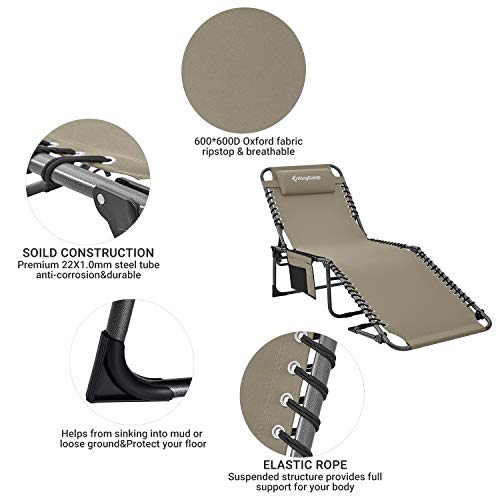 KingCamp Reclining Sun Lounger 4-Position Adjustable Foldable Heavy Duty Lounge Chair Camping Folding Bed with Pillow & Pocket for Patio Garden Beach Pool Tent Camping - Image 5