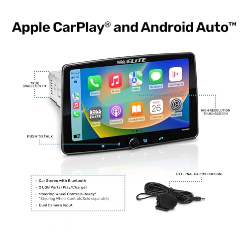 BOSS Audio Systems Elite BE10ACP Car Stereo System, Apple CarPlay, Android Auto, 10.1 Inch Single Din, Touchscreen, Double DIN Conversion Brackets, Bluetooth Head Unit, No CD Player