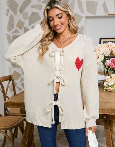 Image of Women's Tie Cardigan Sweaters Long Sleeve Chunky Knit Big Cute Heart Sweater Coats Apricot Mediuml