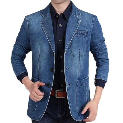 Hombres Primavera Solapa Denim Traje Chaqueta Clásico Slim Lavado Retro Azul Solo Pecho Jeans Blazer Abrigo Light Blue XXL