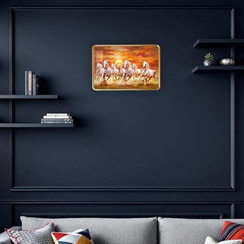 Image of 7 Running Horses Photo Frame, Ultra High Gloss Lamination, Vastu Painting for Living Room, Office, 12x18 Inch (Design 9)