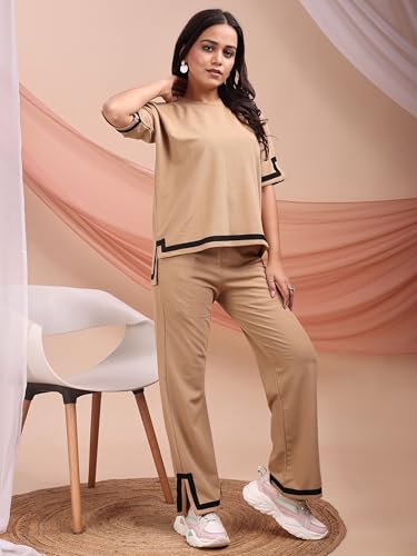 Image of ELLITI Women's Co-ord Set, Down Short Sleeve Top and Wide Leg Trousers with White Trim