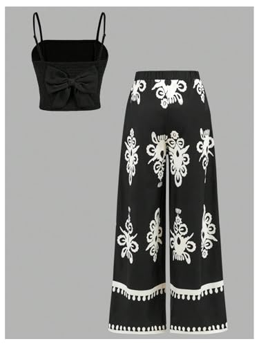 Image of Floerns Girl's 2 Piece Outfit Hawaiian Tropical Crop Cami Tops and Boho Pants Set