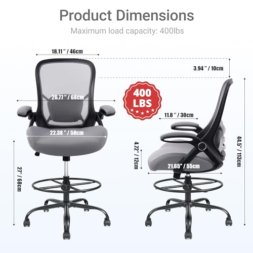 Image of HYLONE 400lbs Heavy Duty Drafting Chair 5 inch Thickened Seat Office Chair with Flip-Up Armrests Tall Ergonomic Computer Chair with Lumbar Support and Adjustable Footrest Ring Standing Desk Chair(Grey)