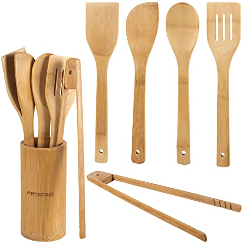 ARTECSIS Set de 5 Ustensiles de Cuisine + Pot - 100% Bambou/Cuillères, Spatules, Pince