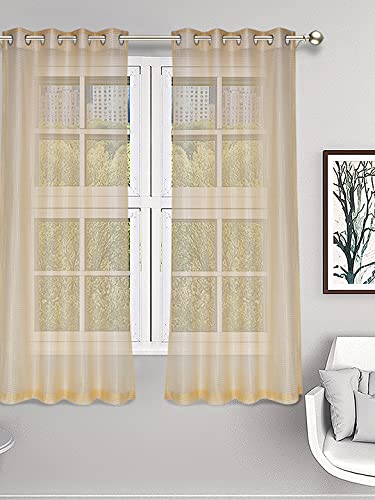 Image of Set of 2 Pcs Sheer Premium Lightweight Tissue Fabric Solid Gold Color Eyelet Window Curtain, 2 Pc Window Curtain 5ft