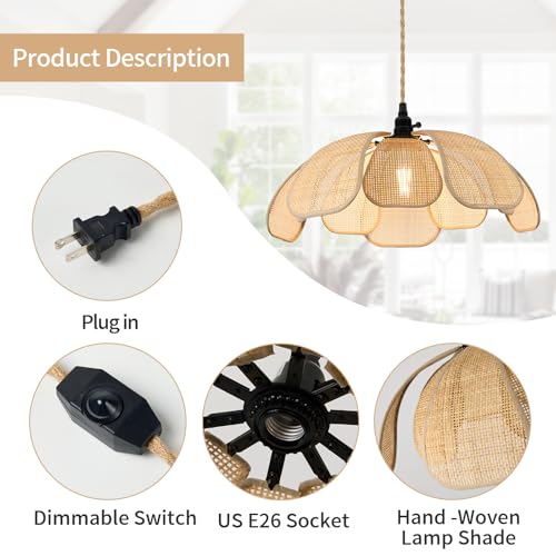 Image of 20 Inch Boho Flower Plug in Chandeliers for Dining Room | Farmhouse Rattan Pendant Lights Girl Chandelier Hand Woven Bedroom Light Fixture Dimmable Hanging Lamp For Kitchen Island