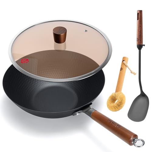 WANGYUANJI 12.6 in Carbon Steel Wok â€” Flat Bottom with Detachable Wooden Handle, Nitrided No-Chemical Surface, Lightweight Induction/Gas/Electric/Halogen Compatible