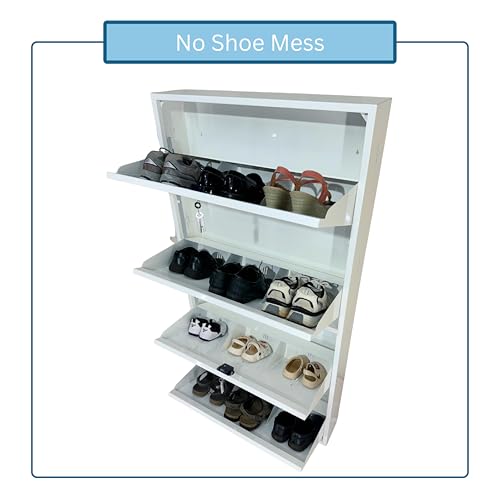 Image of Premium 4 Door Wall Mount Metal Shoe Rack | 30 inch Wide | Fits Size 12 Shoes | Dual Lock 2+2 Door Setup (Premium White, 4 Door)