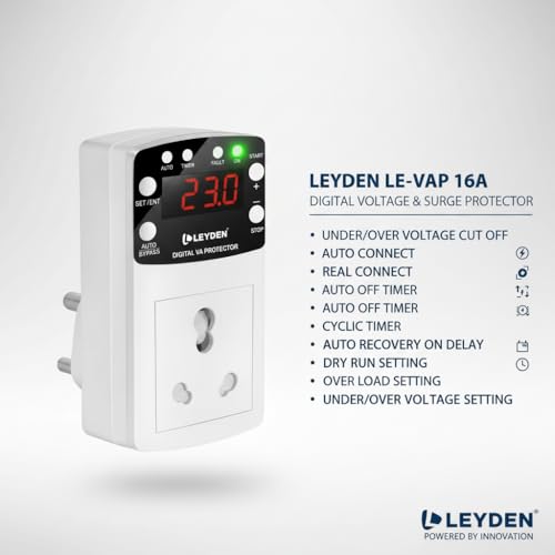 Image of LEYDEN LE-VAP 16A, 220VAC Under Over Voltage Protection Plug, Over Current & Dry Run Protection, Off & Cyclic Timer (1-999 min), 4000V Surge Protector for AC, Pump, Freezer, Geyser