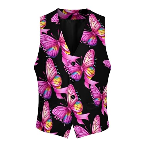 Rainbow Ribbon Breast Cancer Awareness Men's Suit Vests Business Formal Dress Vest V-Neck Waistcoat for Wedding Casual4