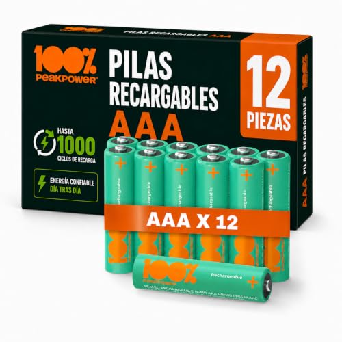 100%PeakPower Pilas Recargables AAA, 12 Unidades, NiMH 1.2V, 800 mAh