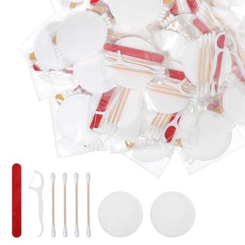 100 Pack Wedding Bathroom Basket Supplies Essentials for Guests - Travel Cleaning Kit for Hotels with Bamboo Cotton Swabs Nail File Makeup Pads Dental Floss