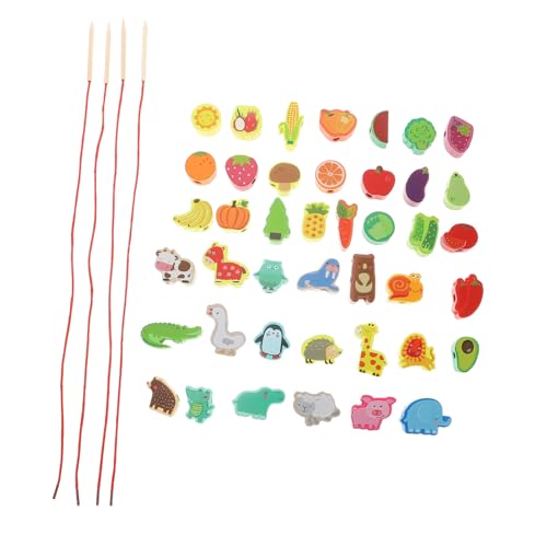 PRETYZOOM 木製動物果物形状ビーズ紐通し知育 幼児向け色彩認識手先訓練 串珠 幼児の集中力と想像力を育むプレイ