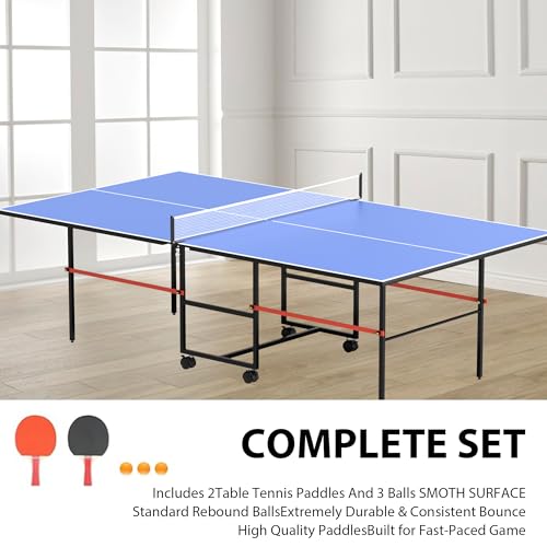 Table Tennis Table, 8FT Portable Mid-Size Ping Pong Table for Family Game Rooms, Folding & Compact Professional MDF Indoor Table Tennis Table w/Net, 2 Paddles, 3 Balls,Foldable for Easy Storage - Thumbnail 7