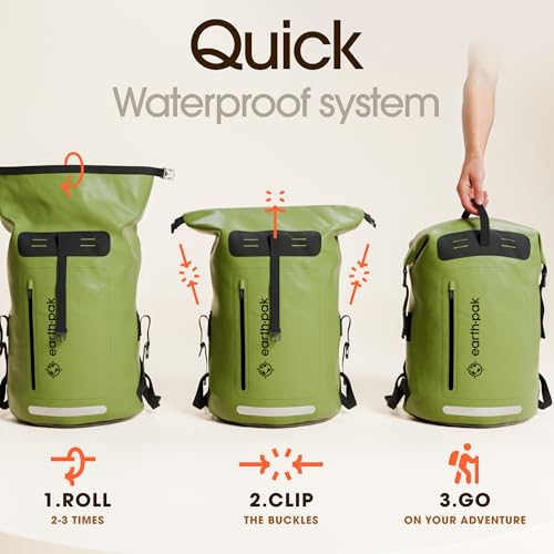 Earth Pak Waterproof Backpack - Heavy Duty Hiking Backpack - Roll-Top Closure Bag - Cushioned Dry Bag Waterproof Phone Case
