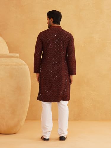 Image of SOJANYA Men's Coffee Brown Cotton Blend Kurta with Intricate Embroidery & Subtle Sequin Work