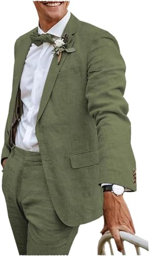 Men's 2 Piece Linen Suit for Men Slim Fit Wedding Retro Formal Beach Wedding Summer Groomsmen Linen Blazer Pants Suit Set