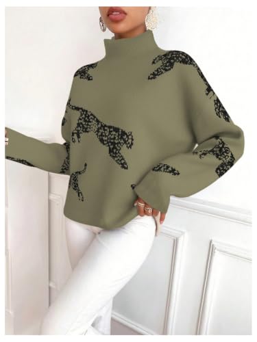 Image of WDIRARA Women's Leopard Tiger Print Sweater High Neck Long Sleeve Fuzzy Knitted Pullover Top