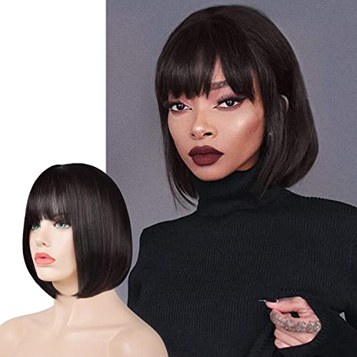 Sofeiyan Short Straight Bob Wigs with Bangs 11 inch Synthetic Daily Party Hair Wig for Black Women Darkest Brown and Dark Auburn Mixed