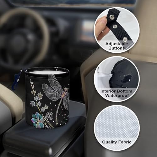 Image of Pensura Dragonfly Flower Mini Car Trash Can Adjustable Buttons Collapsible Trash Container Portable Hanging Car Garbage Bag Women's Car Accessories for Car Back Seat