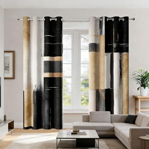 Xioistiy Black and Gold Abstract Blackout Curtains Boho Modern Aesthetic Grommet Window Drapes Beige Cream Tan Brown Oil Painting Neutral Art Curtain for Bedroom Living Room 2 Panels 52X84