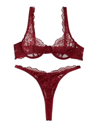 Image of Lilosy Sexy Floral Lace Scallop Underwire Push Up Sheer Lingerie Set Outfits