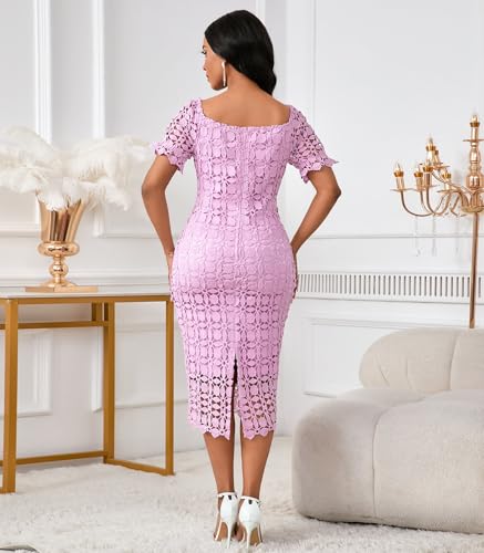 Image of Cololura Elegant Sexy Floral Lace Short Sleeve Off Shoulder Evening Gown Party Formal Bodycon Midi Dress