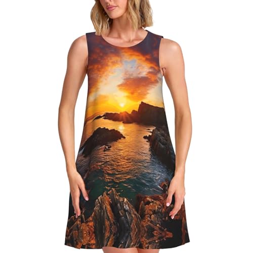 Robe d'été sans manches à imprimé coucher de soleil et paysage marin pour femme