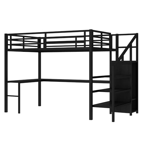 Image of Bellemave Full Size Loft Bed with Desk and Wardrobe Storage Stairs and Wardrobe, LED USB, Loft Bed Full Size for Teens Metal, Black