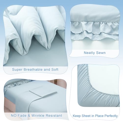 Image of Toddler Comforter for Girls Blue Toddler Bedding Set 4 Pieces Double Ruffles Comforter Sets, Cozy and Tender Bedding Includes Comforter, Fitted Sheet, Flat Top Sheet and Pillowcase, Blue