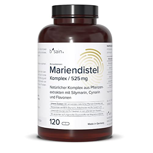 b'sain Mariendistel Komplex Kapseln 525 mg. 120 vegane Kapseln mit hochwertigem Tri-Komplex mit Artischocken- und Löwenzahnwurzel-Extrakt Cover